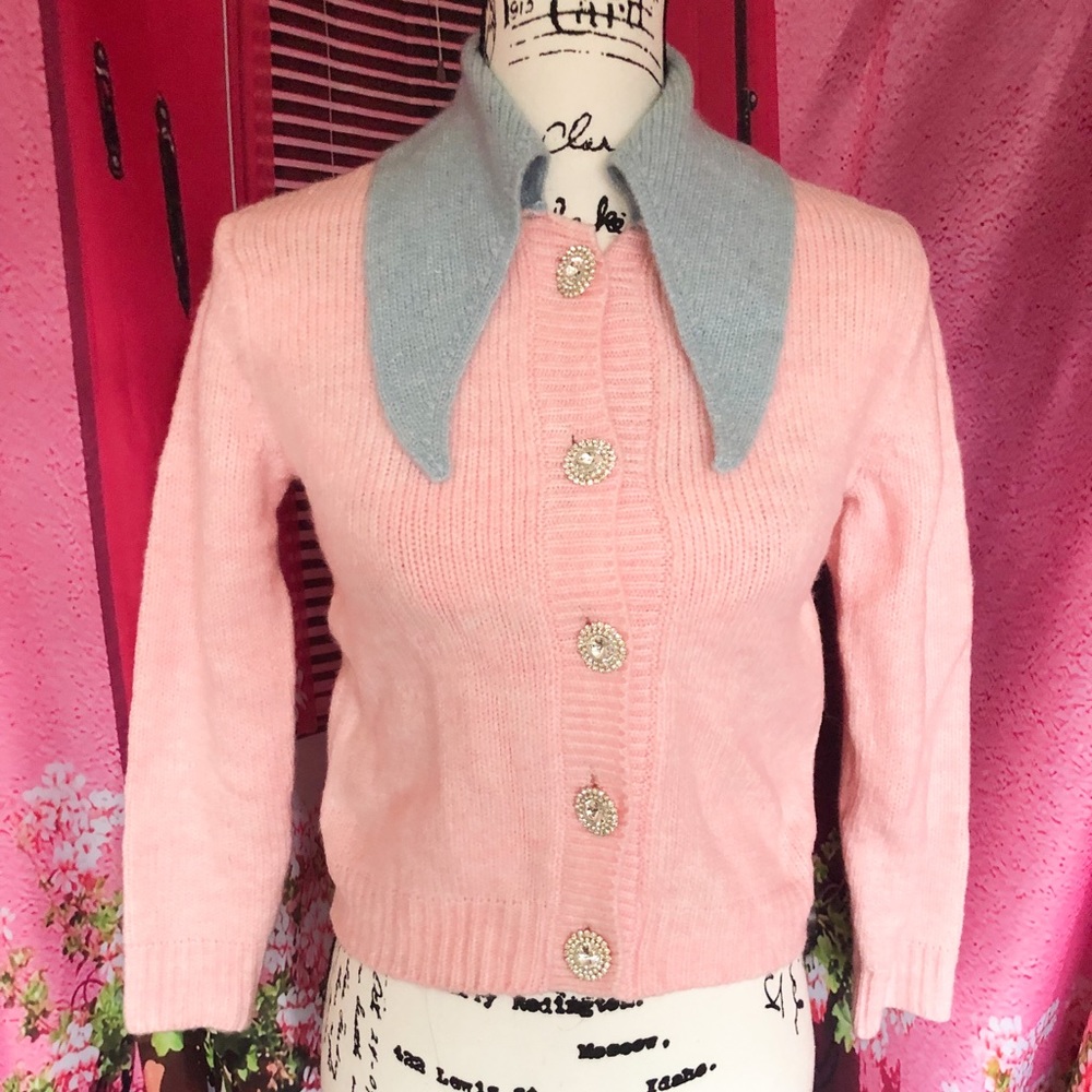 Cardigan sweater stone button pink blue collar short sweater knit - Picture 11 of 11
